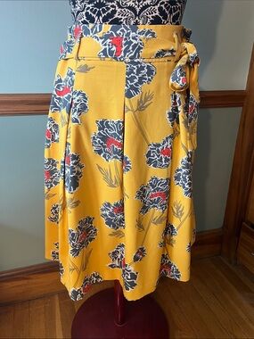 Banana Republic Mustard Yellow Floral Tie-Waist A-Line Midi Skirt